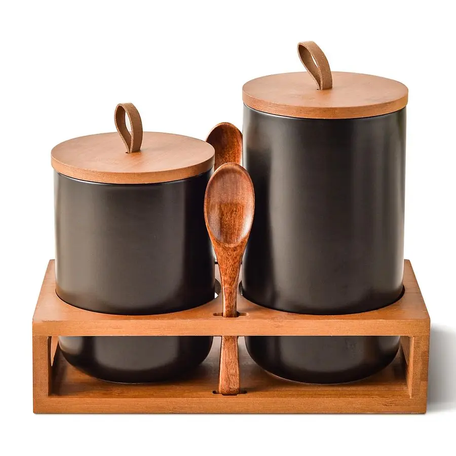 Juego de 2 Recipientes de Cerámica con Tapas de Bambú, Soporte de Madera y Cucharas, 35oz y 28oz, Frascos Herméticos para Almacenar Alimentos como Café y Azúcar