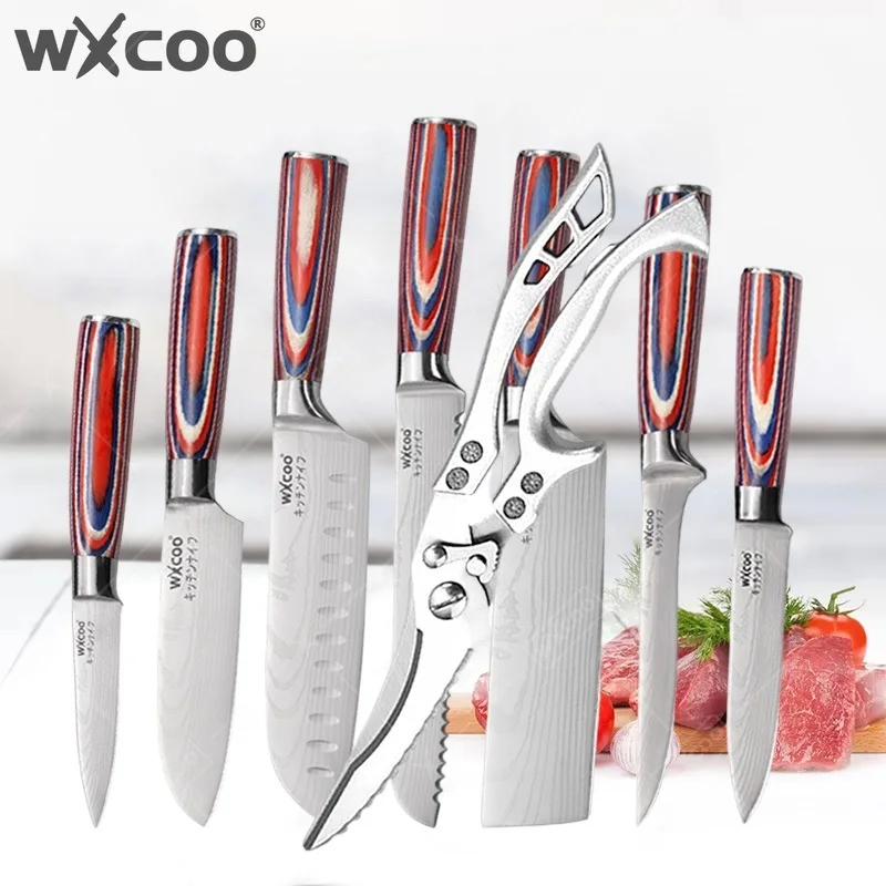 WXCOO NEUE Damaszener Küchenmesser mit Holzgriff Fleischbeil Brotschneider Obstschneider Allzweckmesser Schere Ausbeinmesser