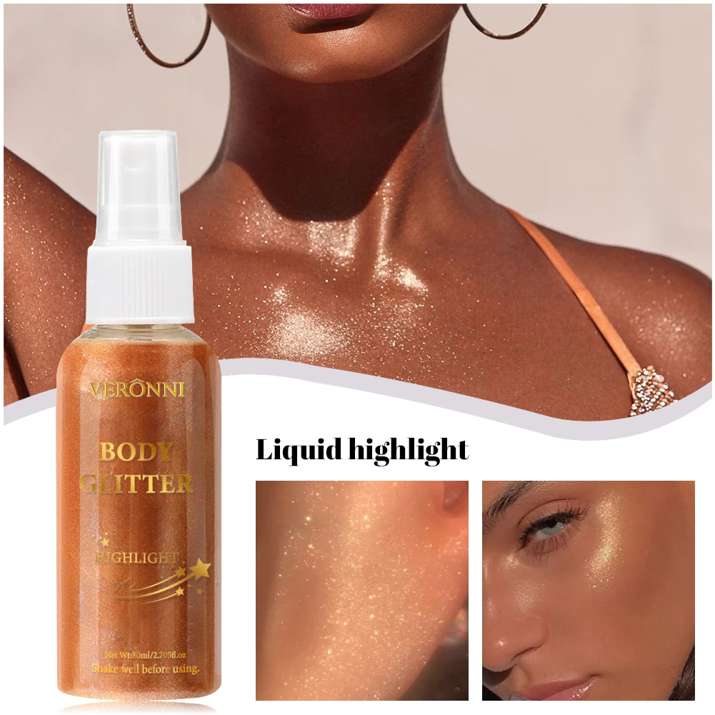 Spray evidenziatore liquido luccicante, evidenziatore liquido luminoso glitterato per viso corpo e capelli, trucco effetto lucido a lunga durata