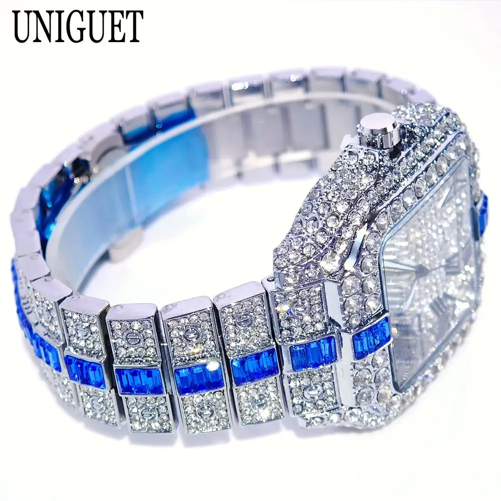 Fashion Watch For Men Brand UNIGUET Luxury Square Iced Out Quartz Watch Man Hip Hop Blue Diamond Jewelry Wristwatch Reloj Hombre