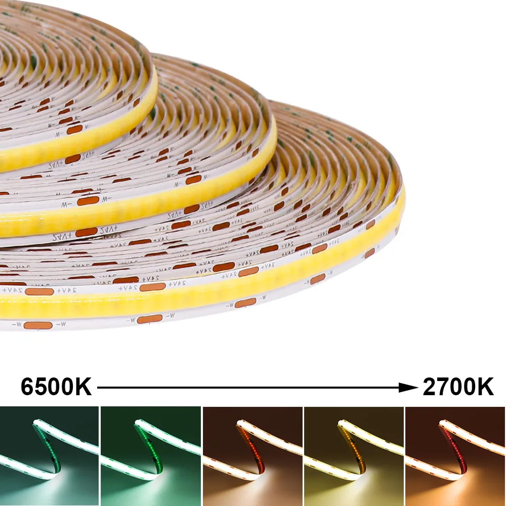 

CCT COB LED Strip Light 1-10M 608/624 Leds/m High Density Flexible Dimmable FOB Led Tape 2700K to 6500K Changeable Lighting 24V