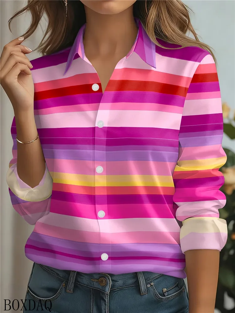 Women's 3DMulticolored Coarse Stripe Printed Blouse New Style Loose Long Sleeved Lapel Button Casual Commuting Shirts For Autumn
