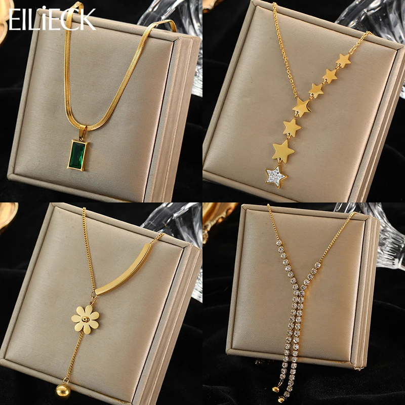 

EILIECK 316L Stainless Steel Gold Color Thin Link Pendant Necklace For Women Fashion Girls Clavicle Chain Jewelry Birthday Gifts