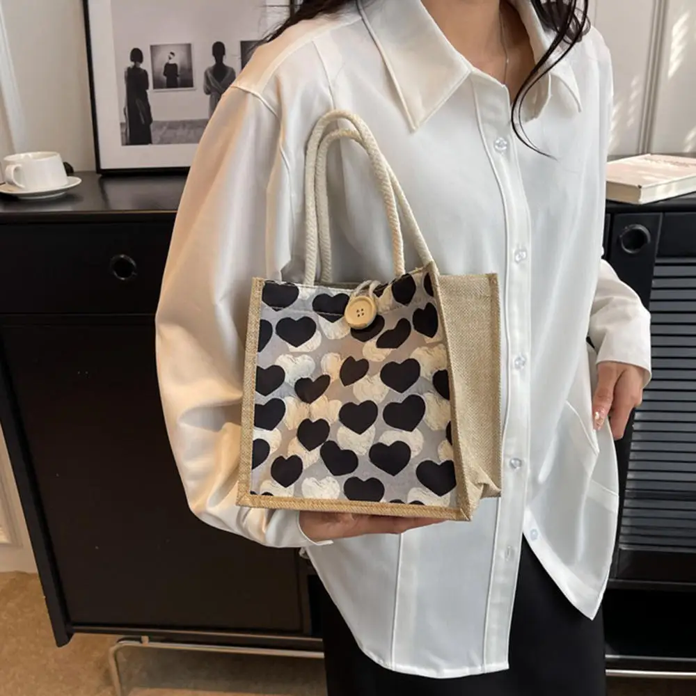 1PCS Love Heart Pattern Linen Button Handbag Large Capacity Zipper Shopping Bag Women Tote Beach Organizer Portable Lunch Bag