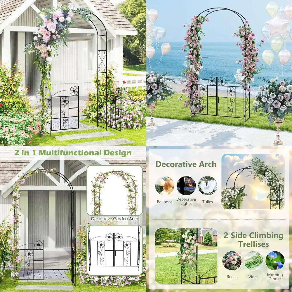 

Metal Arbor Trellis for Climbing Plants, 90-Inch Garden Archway with Lockable Gate for Roses and Ivy, Outdoor Pergola with 4 Gro