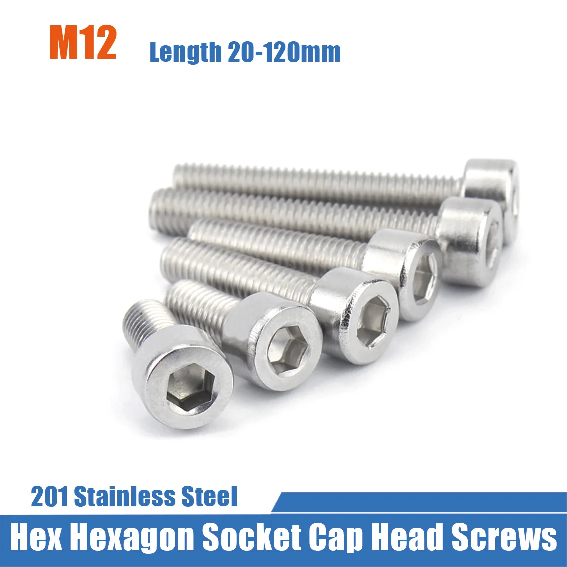 M12 Hex Allen Hex Socket Cup Head Screw Bolts Length 20/25/30/35/40/45/50/55/60/65/70/75/80/60-120mm 201 Stainless Steel Screw