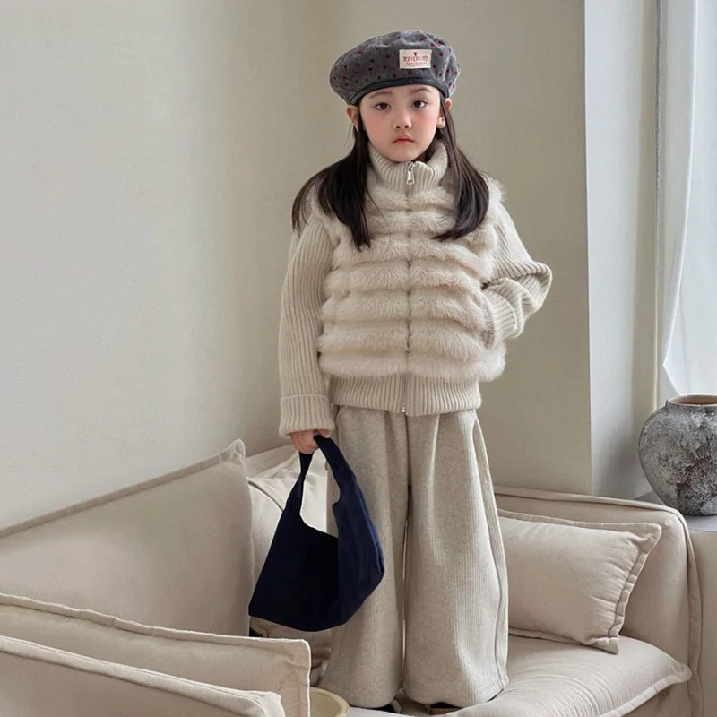 Girls' Autumn and Winter New Set 2025 Baby Girl Foreign Imitation Fur Padded Jacket Velvet Casual Pants Two-piece Set