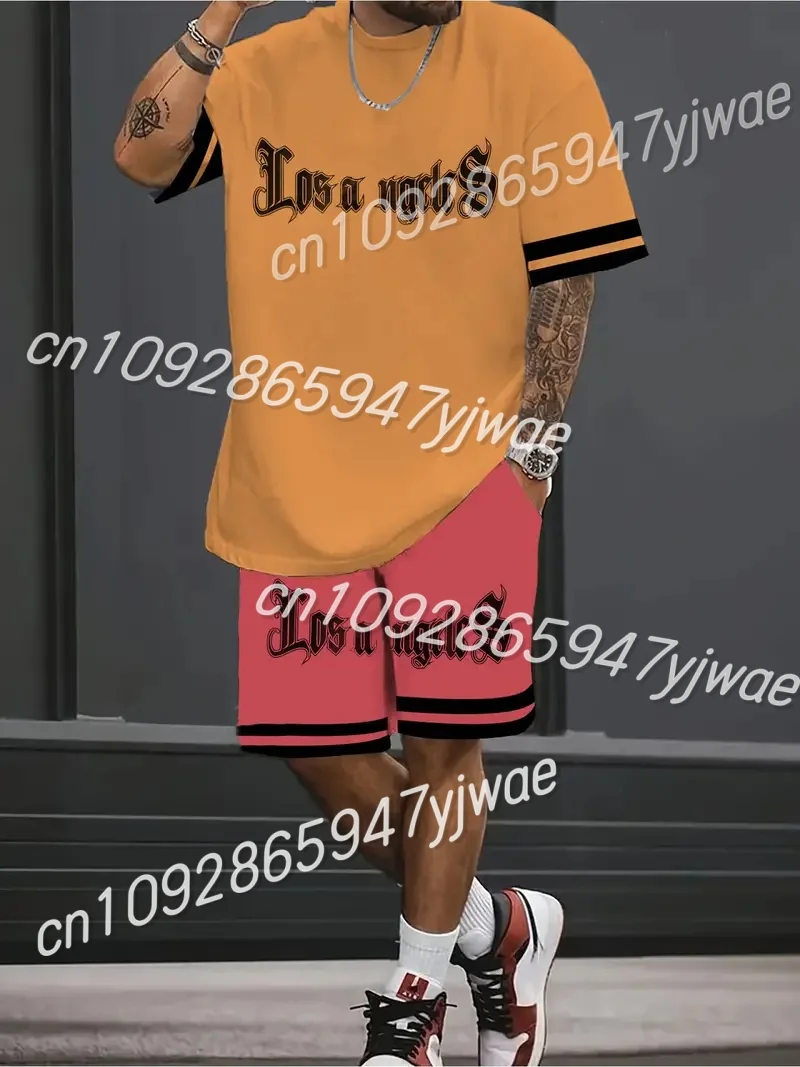 

Men's Los Angeles Print Short Sleeve T-Shirt & Shorts Set Round Neck Gradient Short Sleeved Women's T-shirt Shorts Set