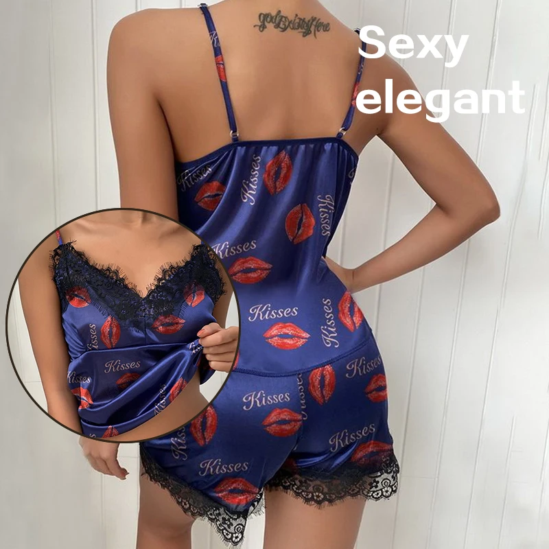 Two Pieces Women Fashion V-Neck Sleeveless Nighty Lace Sexy Nightdress Printed Lingerie Short Set Pajamas Sleepwear