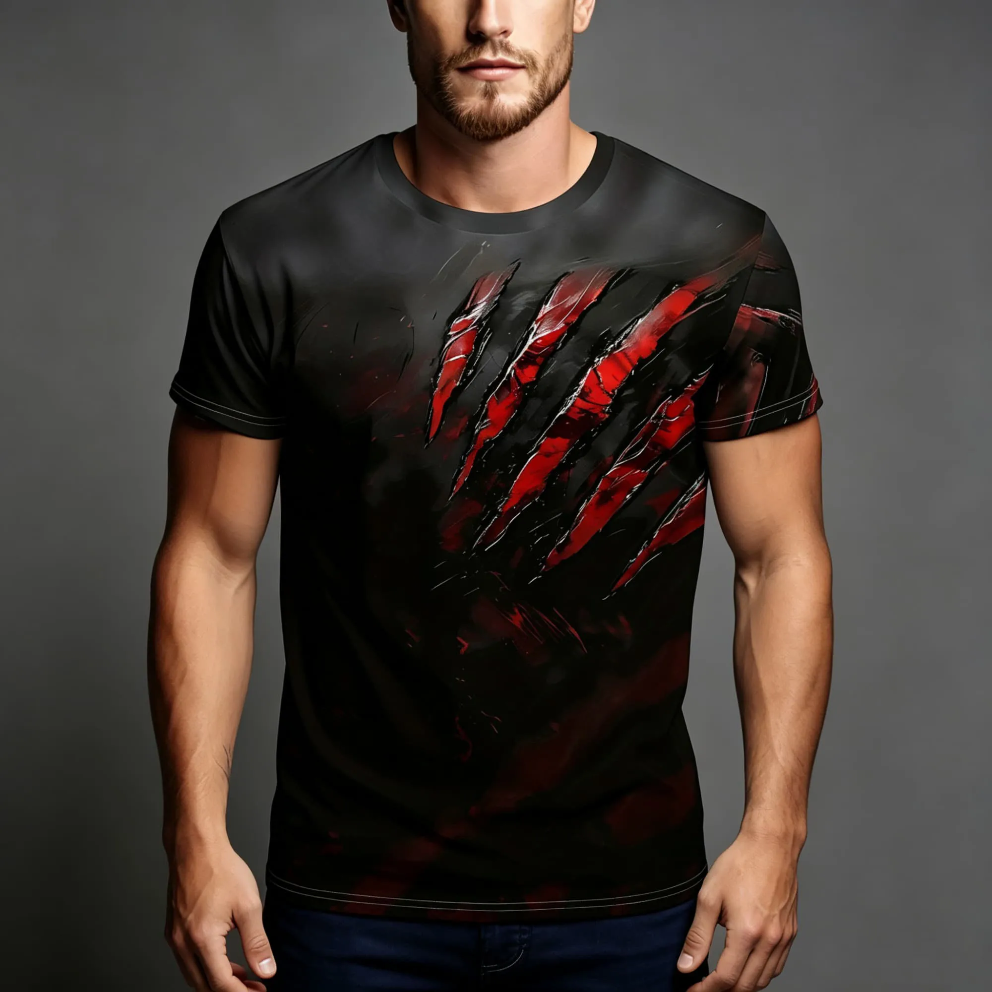 Horror Dark Style Men Casual Short Sleeve T‑Shirt, Claw Scratch Ripped Mark Art Print, Punk Daily Party Streetwear Tops