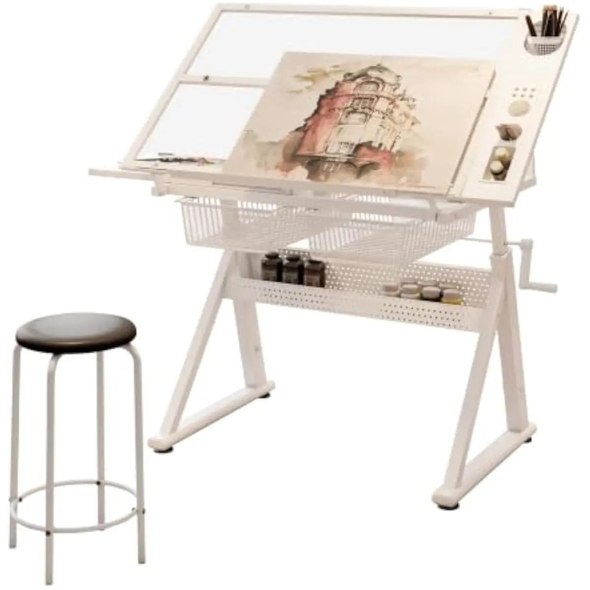 Escritorio de dibujo ajustable con superficie de vidrio templado, 39,7 x 28,3 pulgadas, diseño moderno, estructura de metal blanca, inclinación manual de 0 a 70 grados, altura ajustable.