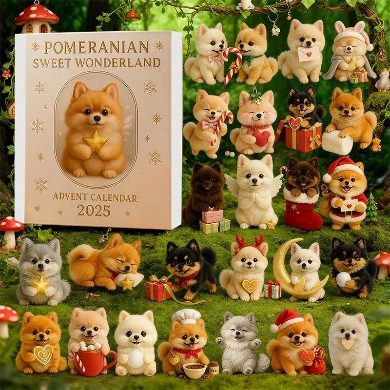 Kalender Advent Pomeranian Sweet Wonderland 2025, 24 Hari Kejutan Meriah Ornamen Anjing, Mainan Anjing Lucu Akrilik 2D
