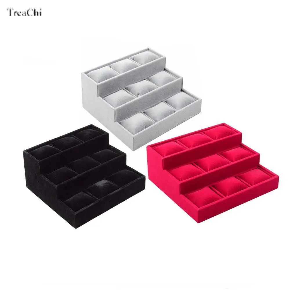 Velvet 3 Tier Bracelet Jewelry Display Tray 9 Grid With Pillow Bangle Necklace Storage Tray Watch Jewelry Organizer Stand Holder