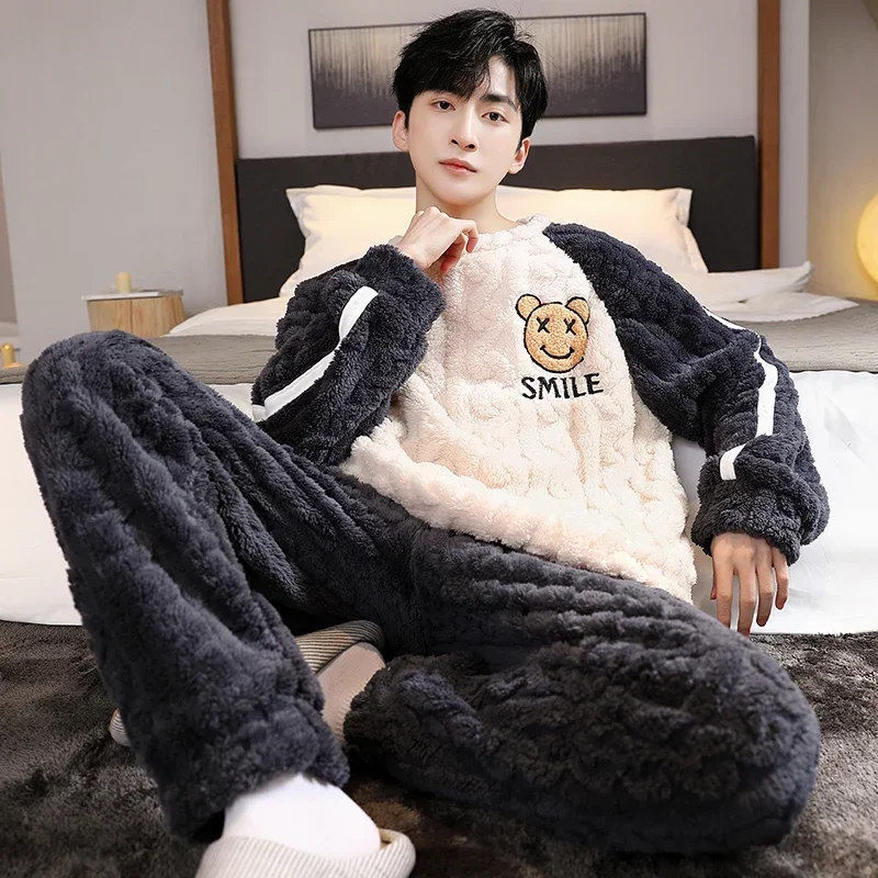 Korean Winter Flannel Warm Men\'s Pajamas Set O Neck Home Clothes Coral Fleece Thicken Pijamas Suit Young Boy Loungewear Dropship