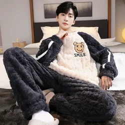 Korean Winter Flannel Warm Men's Pajamas Set O Neck Home Clothes Coral Fleece Thicken Pijamas Suit Young Boy Loungewear Dropship