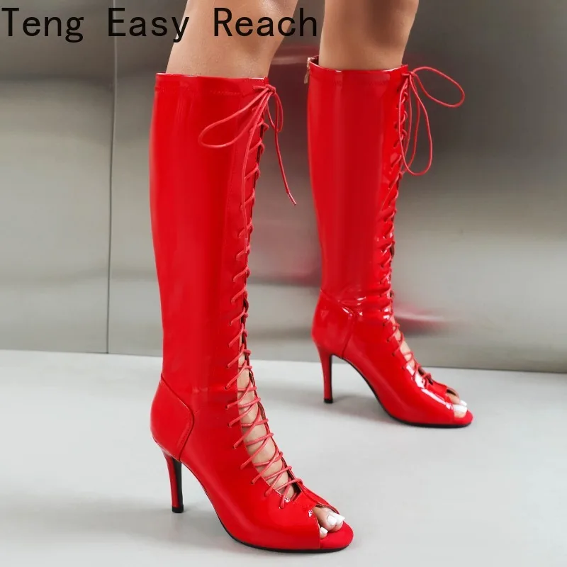 Red Knee-length Lace-up Varnished Leather Boots Thin Heels Stylish Sexy Summer Plus Size Women's Shoes Zapatillas Mujer