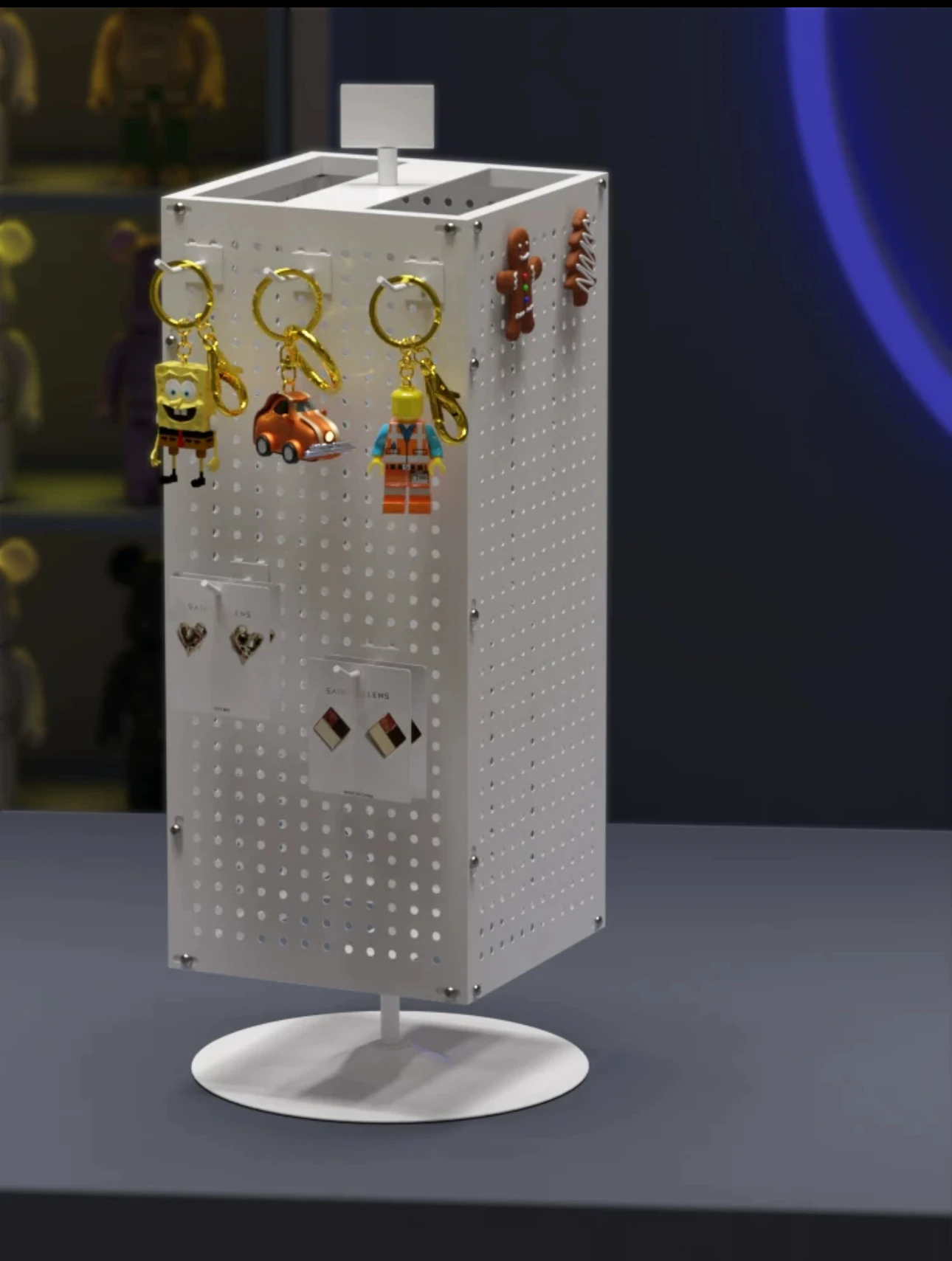 

In front of the checkout counter, the display stand, the table top, the rotating small shelf, the magnetic key chain jewelry ref