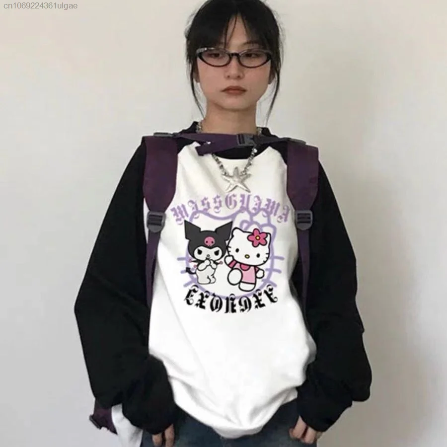 Sanrio Hello Kitty Kuromi Long Sleeve Top Shirts Cartoon Harajuku Round Neck Sweatshirt Korean Style Cotton Pullover For Women