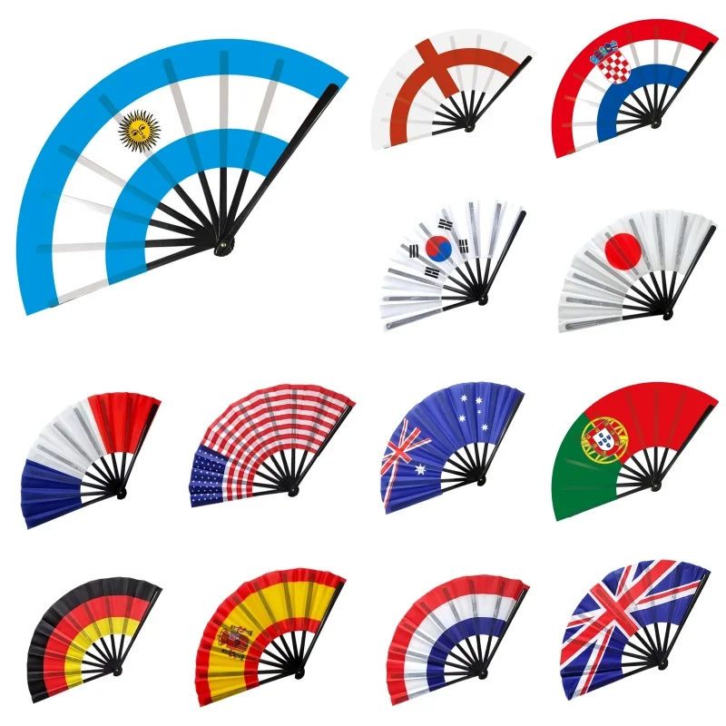 32 Country Flag Folding Hand Fan, Portable National Flag Printed Fabric Fan for Sports Events Party Festival Decor