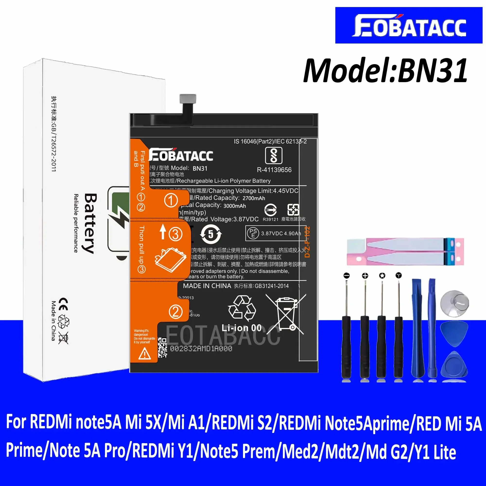 

EOTABACC 100% New Original Battery BN31 For XIAOMI Note5 Prem/Med2/Mdt2/Md G2/Y1 Lite Battery +Tools