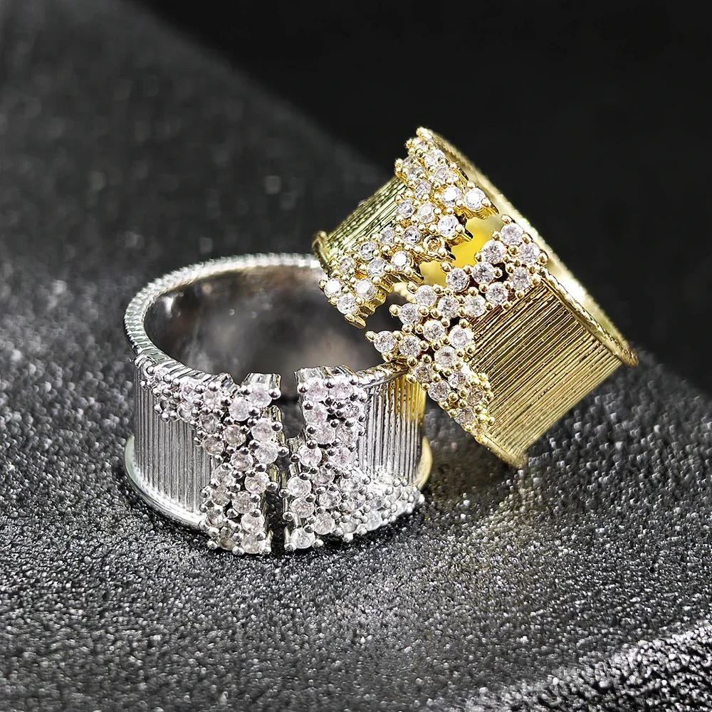 Moonso Fashion Women's Finger Ring with CZ Stone Wiredrawing Effect Gold white Color Wide Rings f1556bb