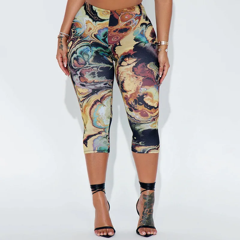 

Abstract Pattern Print Skinny Crop Pants Women Hot Girls 2025 Summer Peach Hip Sexy Wild Trend Bottoms Streetwear