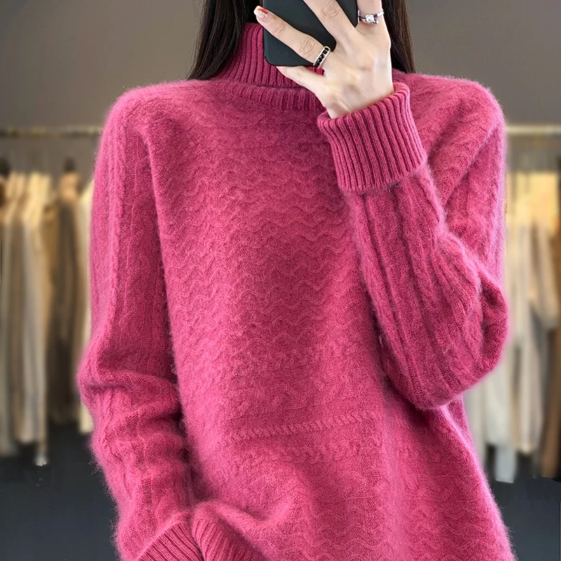 Casual High Neck Cashmere Knitted Cardigan Women\'s Long Sleeve Sweater Autumn and Winter 23 New Women\'s 100  Pure Wool Pullover