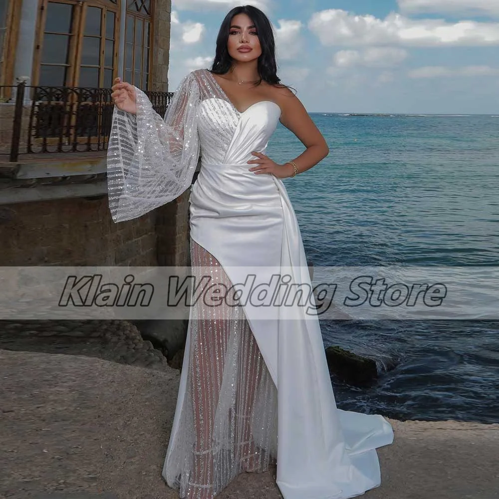 Customized Gorgeous One Shoulder Wedding Dress Patchwork Pleated Sweetheart Flare Long Sleeved Lace Women's Backless Vestido De