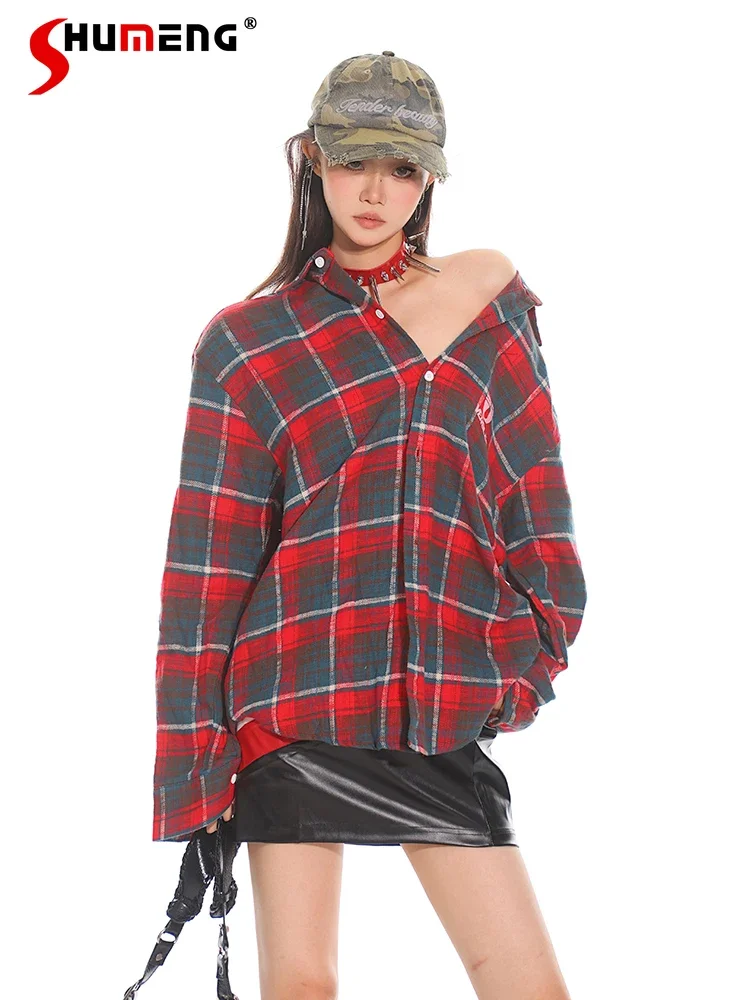 2024 Early Autumn New Feminine American Style Shirt Retro Plaid Long-sleeve Contrast Color Shirt Tops Women's Loose Comfort Coat