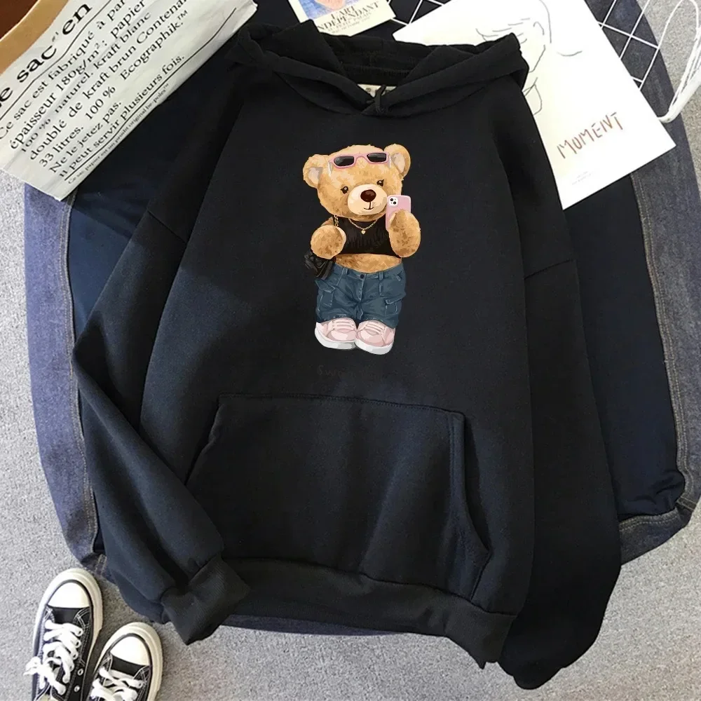 Street Teddy Bear Selfie Booty Girl Funny Plus Size Ladies Breathable Loose Hoodie Pocket Sweatshirt Soft Crew Neck Hoodie