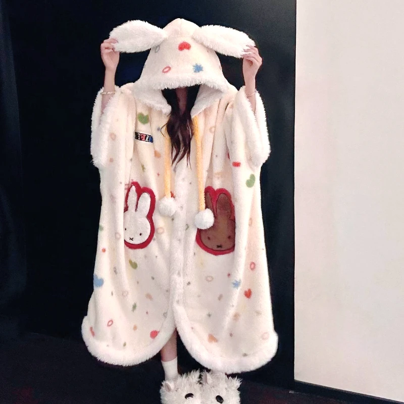 

Kawaii Miffy Bunny Plush Hooded Sleepwear Thickened Velvet Fleece Women Cozy Home Wear Nightgown Outwear Thermal Capable Pajama