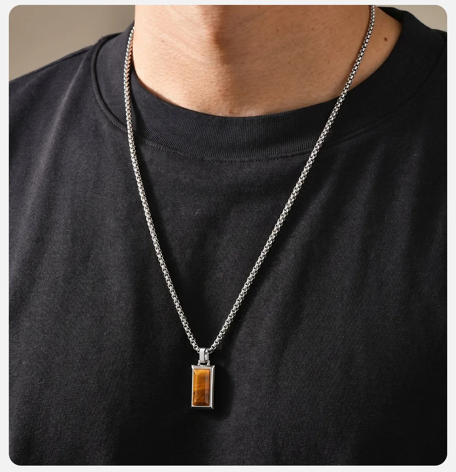Vnox Edelstahl-Halskette mit rechteckigem Anhänger für Herren, Tigerauge, schwarzer Onyx, Naturstein-Anhänger, Kastenkette, Schmuck, Geschenk – Detail 3