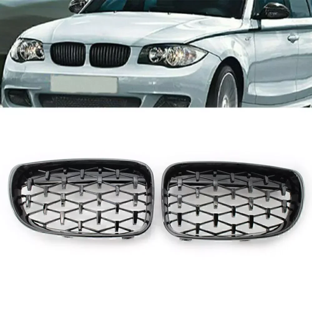 

1 Pair For BMW 1 Series E81 E87 E82 E88 2007-2012 Full Silver Car Front Bumper Grilles Diamond Style Kidney Grilles Racing Grill
