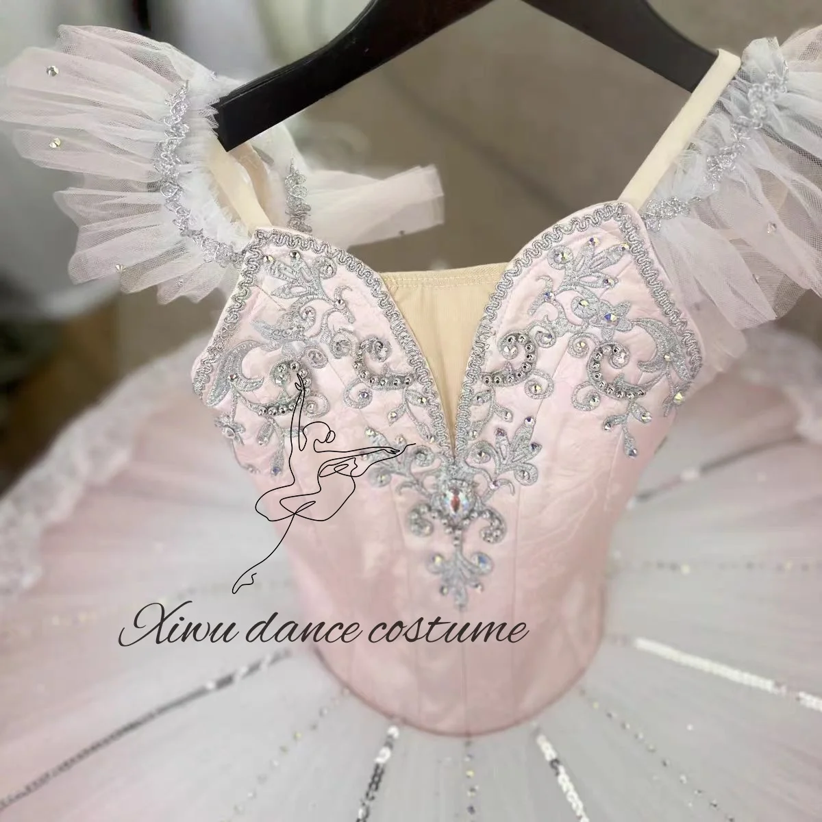 Schwanensee-Ballettkleid, Flower God Dawn Goddess Variation, privater, maßgeschneiderter, blau fließender, funkelnder Diamant-langer Gazerock