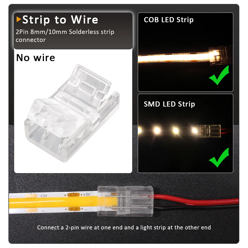 5pcs 2Pin COB LED Strip Connector Extension Wire Terminal LED Connectors for 8mm 10mm IP20 IP65 2835 5050 SMD COB Tape Lights
