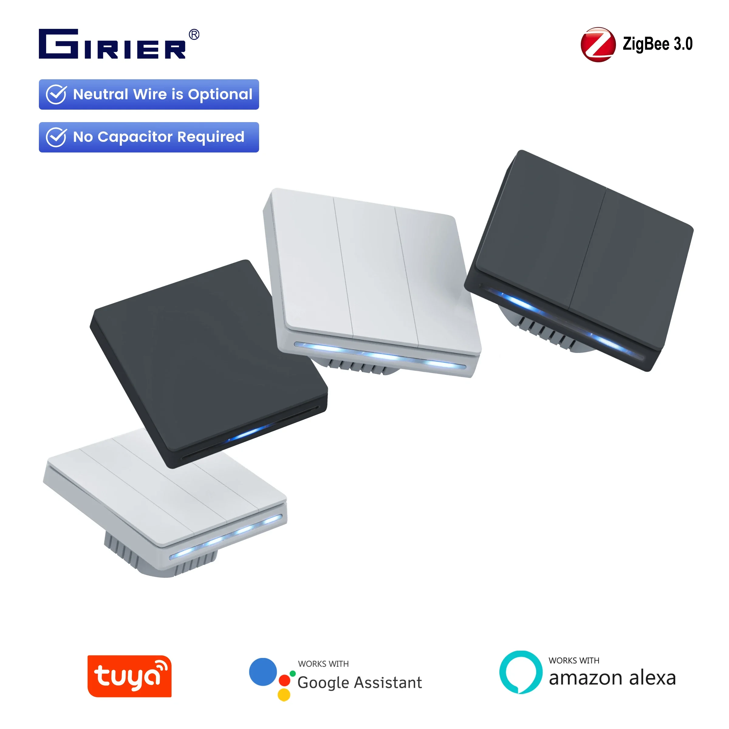 

Умный настенный выключатель GIRIER ZigBee Tuya, кнопочный выключатель света на 1/2/3/4 клавиши, поддержка проводки с нейтралью или без нее, работает с Alexa