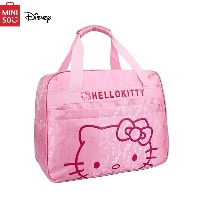 Tas traveling MINISO Disney, tas traveling, tas ibu wanita, tas bahu portabel kartun, tas koper imut Hello Kitty Cat, tas traveling