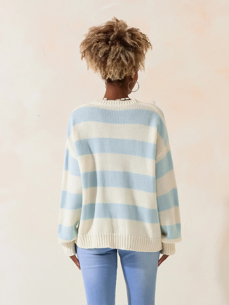 Women s Fall Striped Sweater Drop Shoulder Long Sleeve V-Neck Loose Knitted Tops