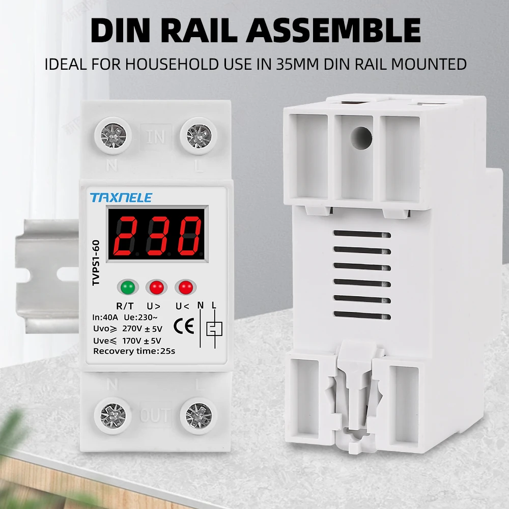 Din Rail Automatic Over Voltage and Under Voltage Protective Device Protection Relay 40A 63A 230V Voltage Protector