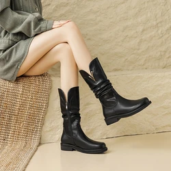 NEW Autumn Women Boots Split Leather Shoes for Women Round Toe Chunky Heel Designer Boots Pleated Boots Metal Deco Girls Boots