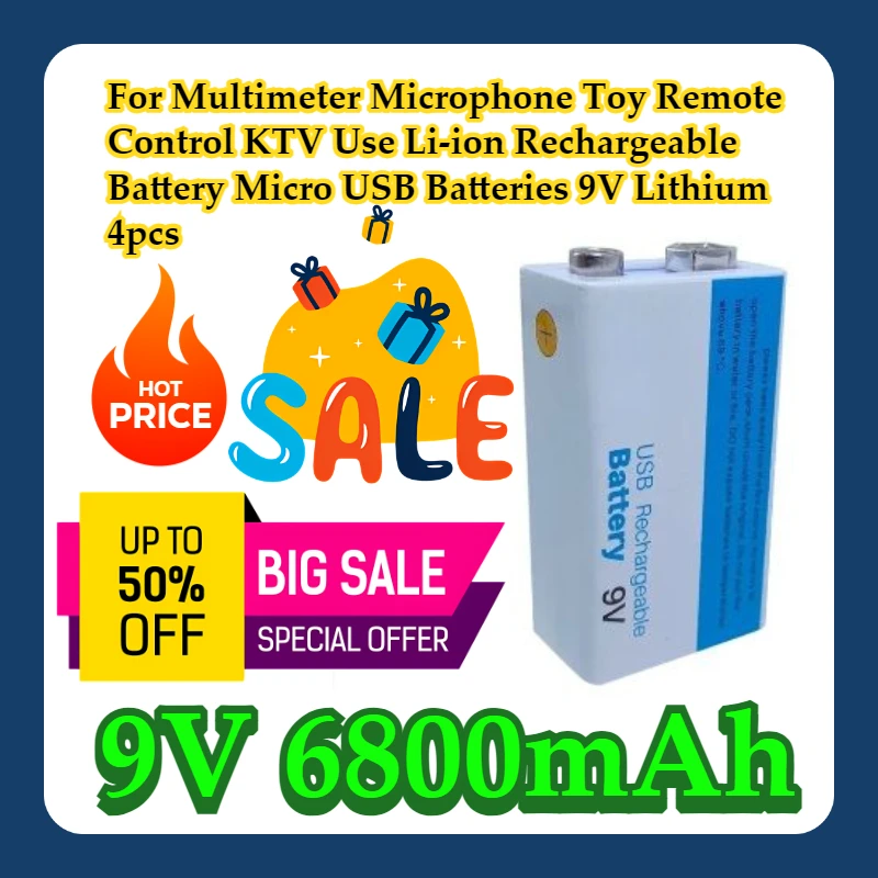 

For Multimeter Microphone Toy Remote Control KTV Use 9V 6800mAh Li-ion Rechargeable Battery Micro USB Batteries 9V Lithium 4pcs