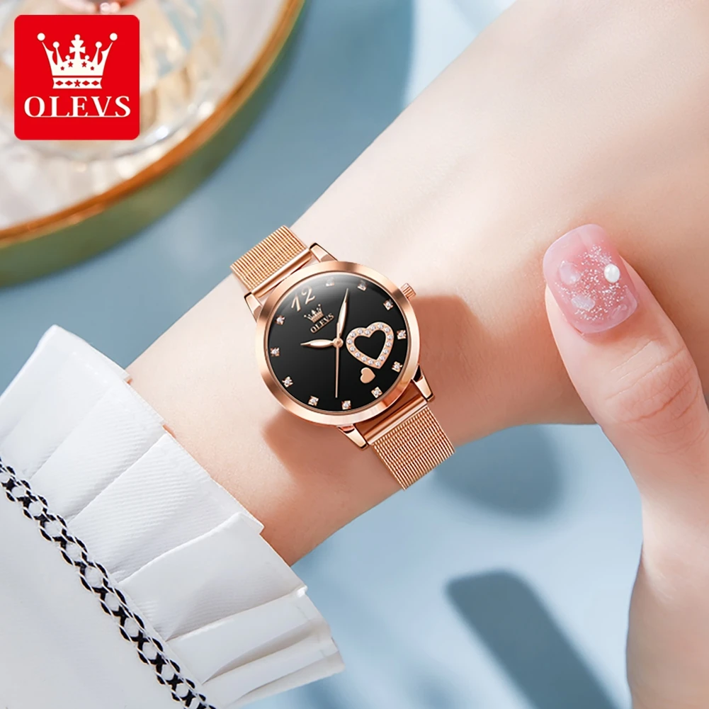 OLEVS 5189 Top Quartz Watch for Women Mesh Steel Strap Heart Design Waterproof Watches Simple Fashion Elegant Ladies Wristwatch