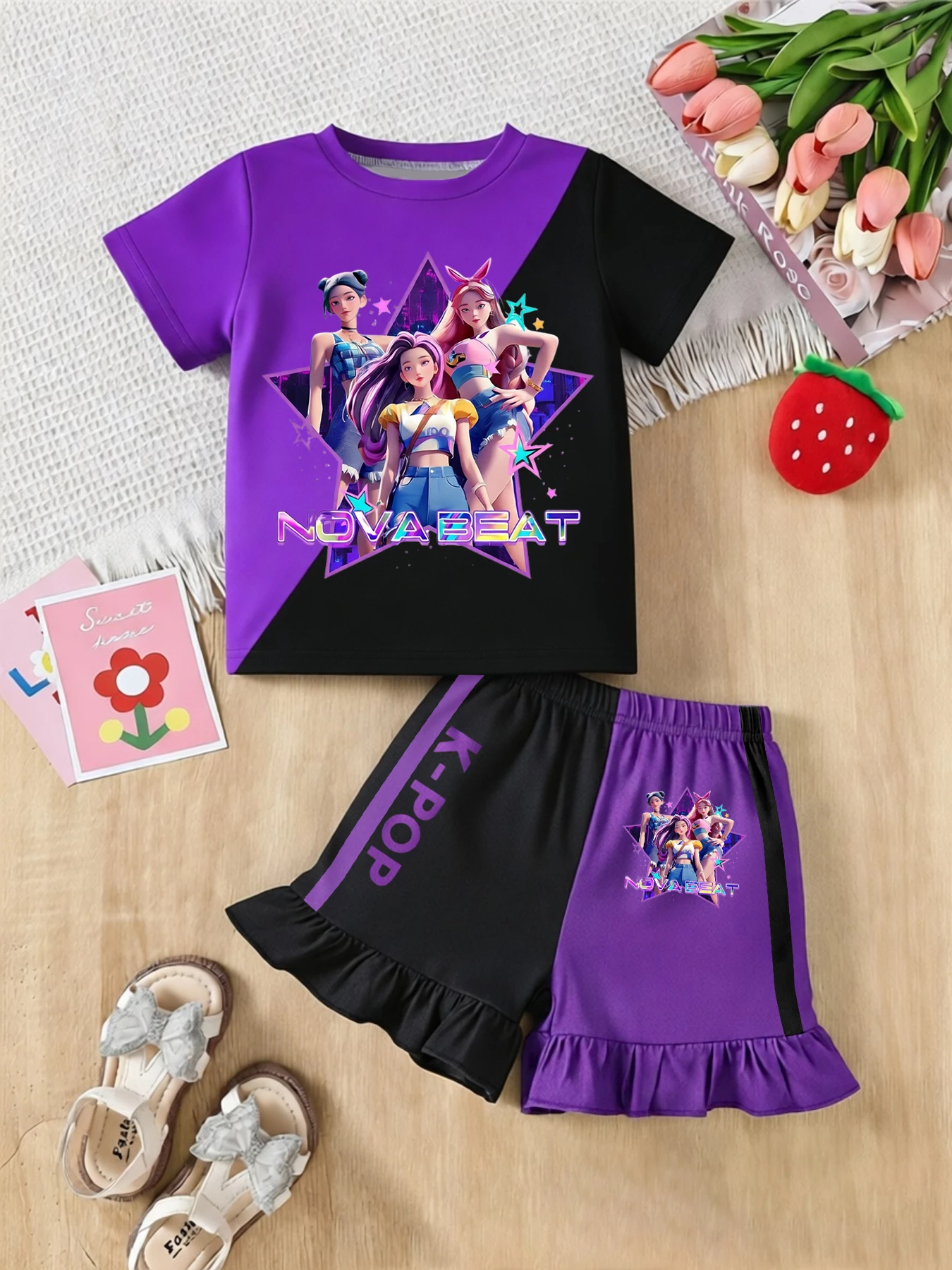 Trendy Girls Nova Beat K-Pop Graphic 2Pcs Set Short Sleeve Tee & Ruffle Hem Shorts Kids Streetwear
