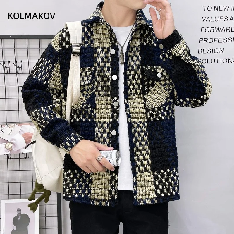 2024 winter new arrival Men's fashion Shirts Casual Contrast plaid knit Shirt,autumn mens thicken shirt Men size M-5XL CY109