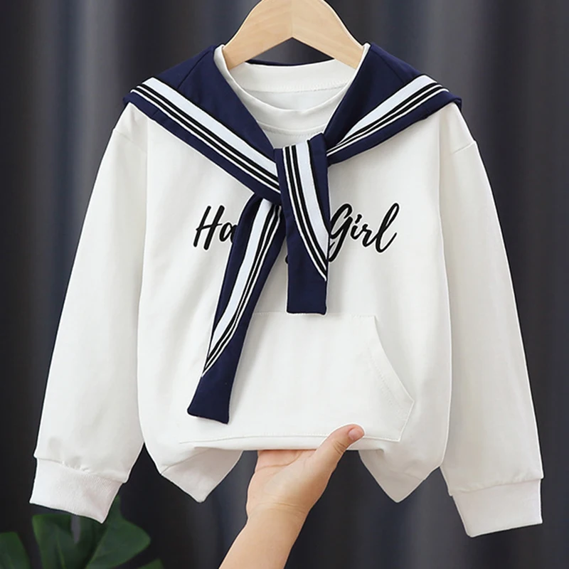 

Spring and Autumn new 3-12Years Girl White clothes girls' pure cotton hoodie girls' long sleeved versatile top Bottom T-shirt