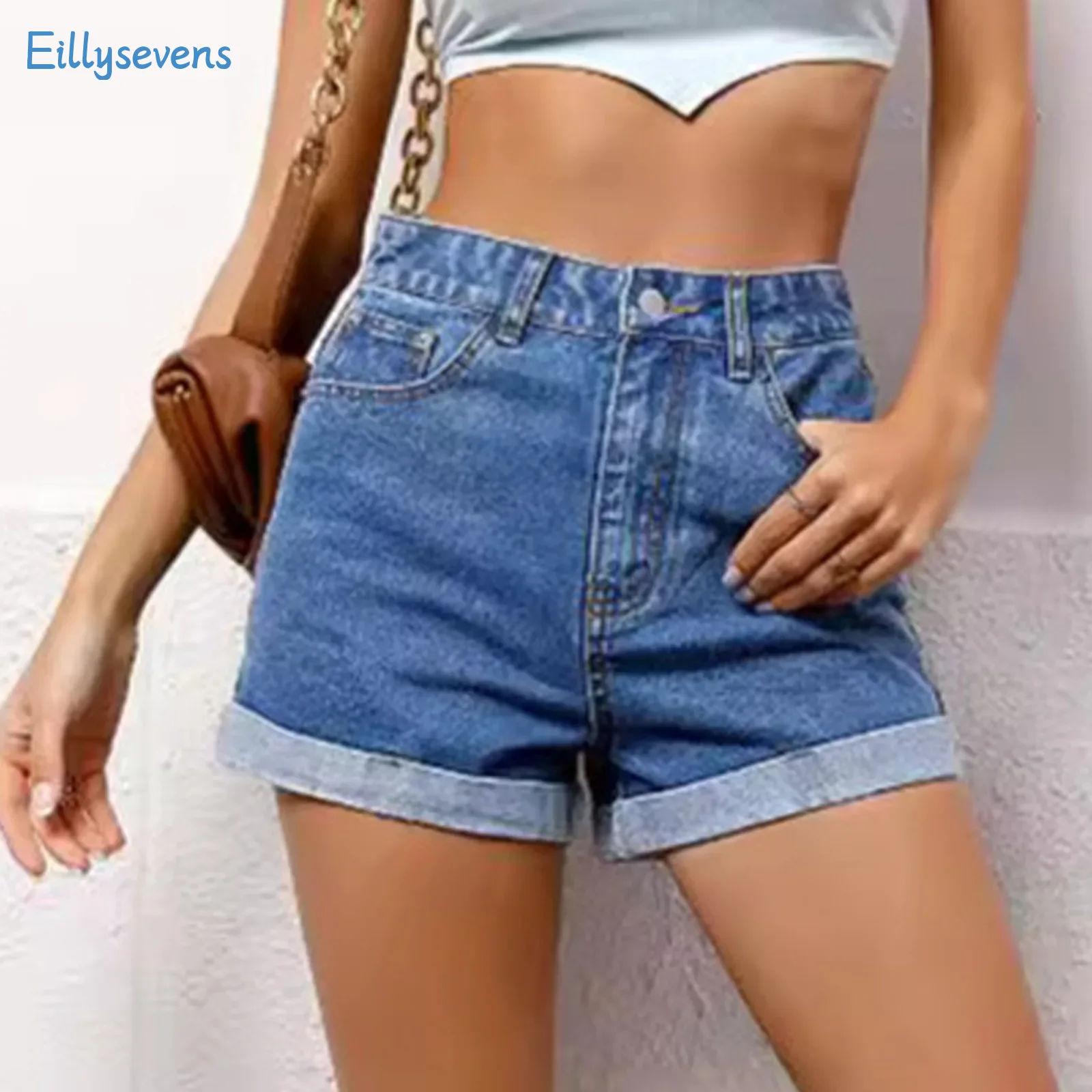 Ladies Casual Denim Shorts Fashion Sexy High Waist Straight Jeans Shorts Summer Daily All-Match Classic Rolled-Up Denim Shorts