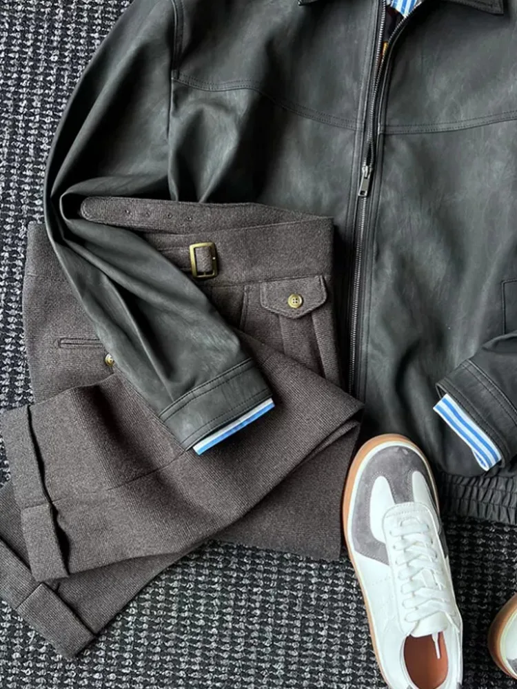 Vintage Fashion Male Autumn Winter American Style Zipper Business Casual Work Jacket Outwear Turn Down Collar Coat Streetwear