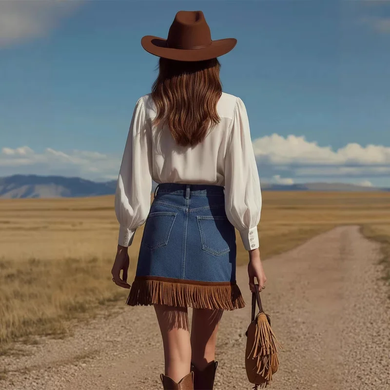 Women's High Waist Denim Skirt with Faux Suede Fringe Pockets Vintage Western Cowgirl Style Mini Skirt for Female