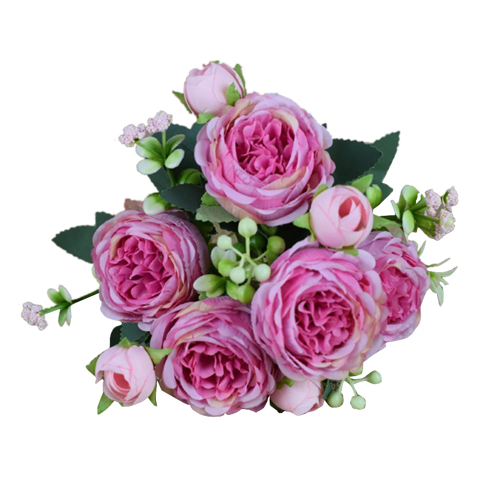 Hot Sale Simulation Peony 9 Heads Silk Artificial Flowers Bouquet Big DIY Fake Flowers For Home Wedding Decoration Indoor Office