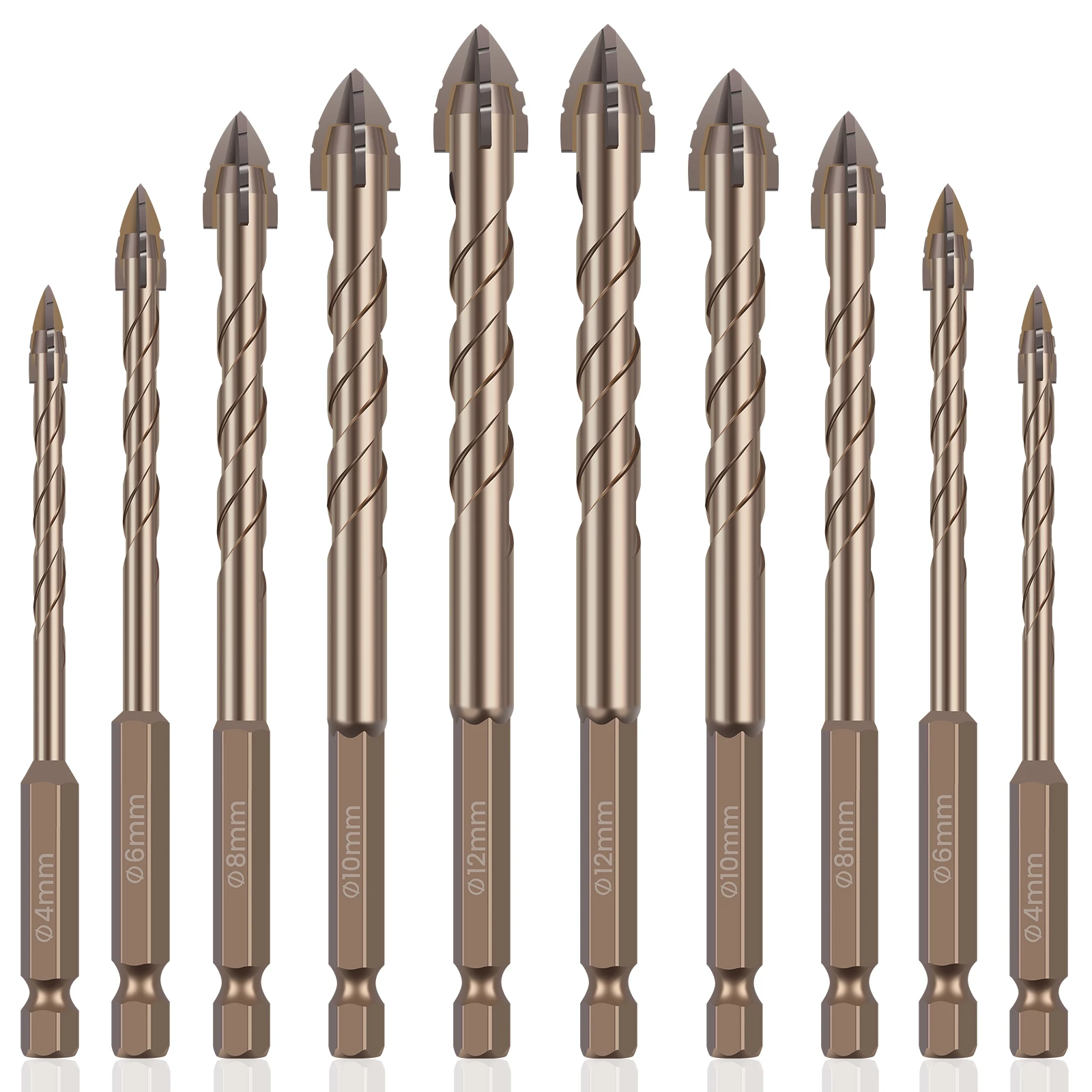 10PCS 4 Flute Sawtooth Eccentric Drill Bit Marble Drill Bit Multi Size Tile Twist Drill Bit 4/6/8/10/12 mm for Dry Drilling Tile